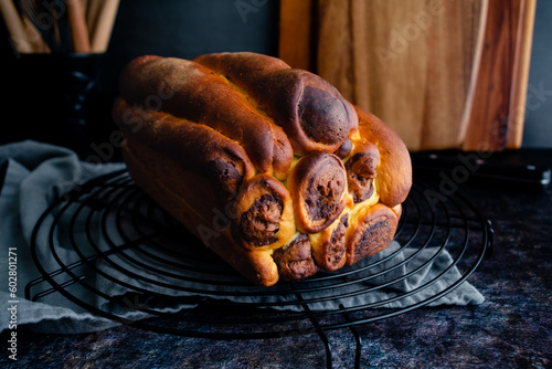 Photography Loaf of Uncut Leopard Milk Bread on a Wire Rack: A loaf of Japanese milk bread w