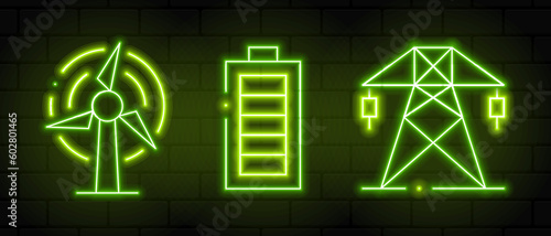 Set line wind turbine, battery, high voltage power pole line icon. Green energy technology concept. Glowing neon. Vector illustration