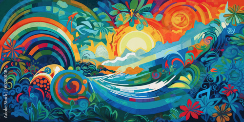 Waves - Gouache Abstract painting   poster   card design  perfect for feature illustration - Tropical colours and abstract geometric shapes