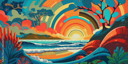Waves - Gouache Abstract painting / poster / card design, perfect for feature illustration - Tropical colours and abstract geometric shapes