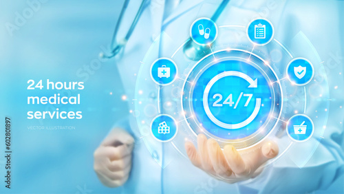 24 hours medical servises. 24-7 Medical call center. Emergency patient support. First aid. Doctor holding in hand 24x7 sign and medicine icons network connection on virtual screen. Vector illustration
