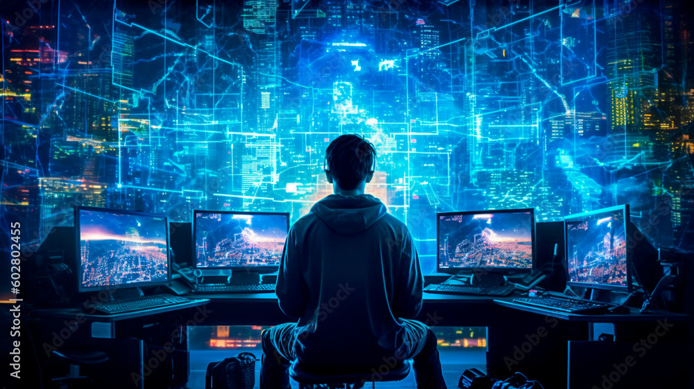 Anonymous hacker, immersed in a high-tech control room, surrounded by screens displaying lines of code and encrypted data. Cybersecurity, Cybercrime, Cyberattack. Generative AI