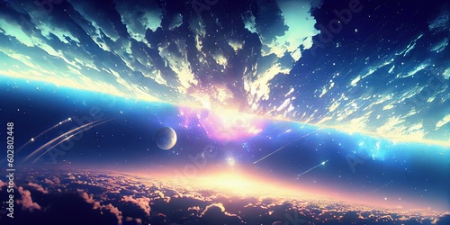 anime style sunrise in the space