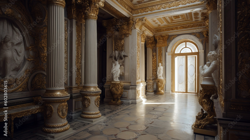 Luxury interior of the royal palace with beautiful golden ornaments. Generative ai illustration