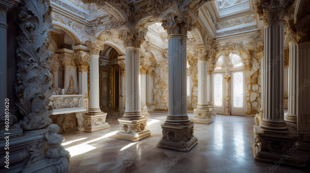 Luxury interior of the royal palace with beautiful golden ornaments. Generative ai illustration