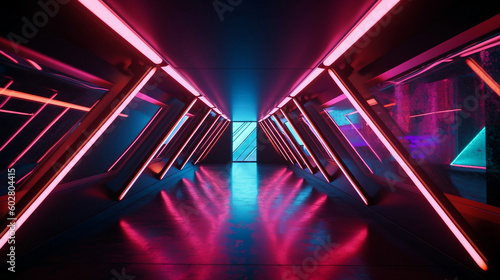 Futuristic corridor with red and blue glowing lights. Generative ai illustration