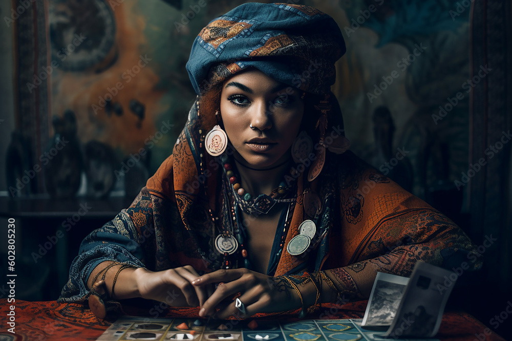Beautiful gypsy fortune teller with tarot cards against a dark textured background.  Generative AI. - obrazy, fototapety, plakaty 