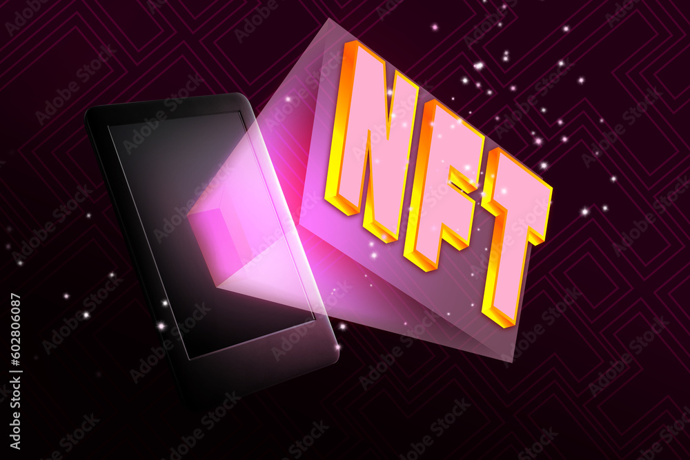 Abbreviation NFT (non-fungible token) and device on purple gradient background - obrazy, fototapety, plakaty 