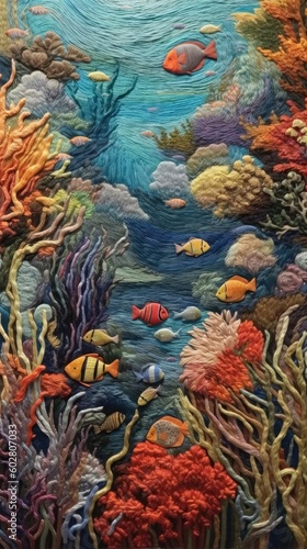 Knit background of underwater coral reef bursting with life including fish and coral  Made with the highest quality generative AI tools 