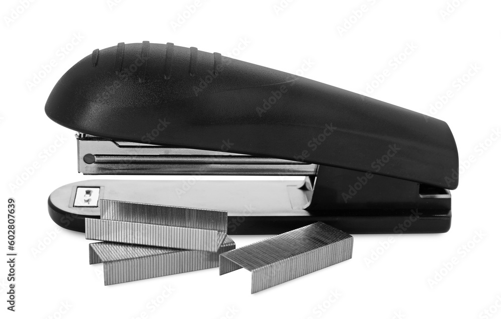 New black stapler with staples isolated on white New black stapler with staples isolated on white