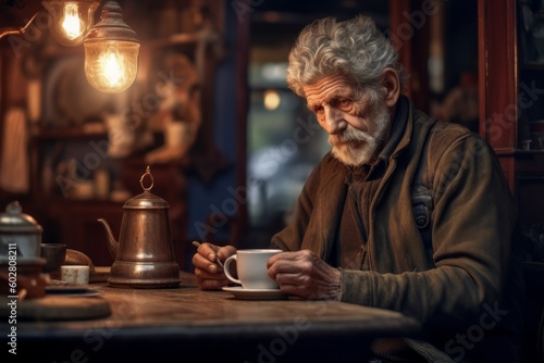An elderly gentleman relishes his morning coffee at an outdoor cafe. Generative AI