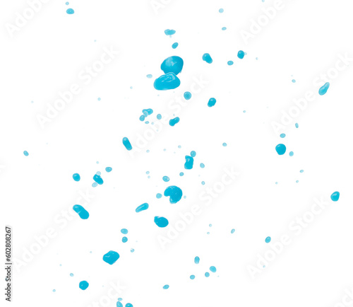 Blue paint water spill splash in shape form. Blue liquid lotion moisturizer cosmetic pour float in mid air. Blue cocktail drink explosion throw fluttering. White background isolated high speed shutter