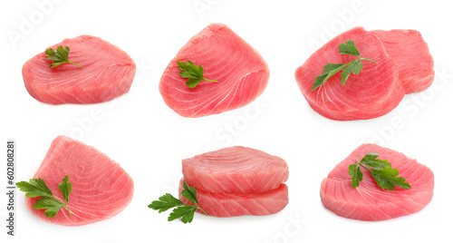 Collage of raw tuna steaks with parsley on white background