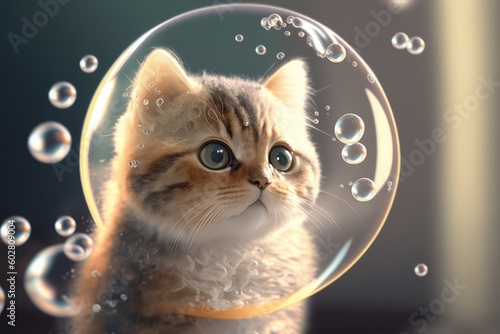 A cute japanese anime style kitten cat in soap bubble. distinct generative AI image.