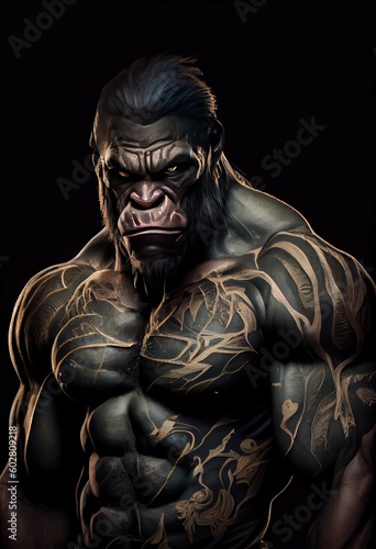muscular gorilla with tattoo on black background