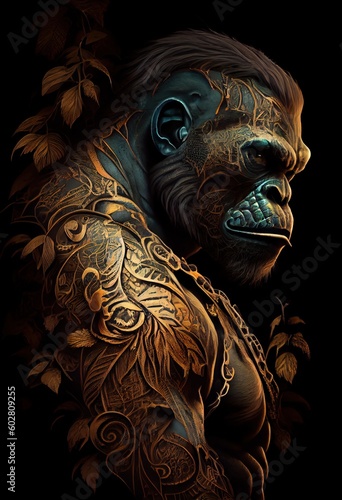 muscular gorilla with tattoo on black background