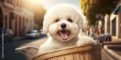 Bichon Frise dog have fun bicycle ride on sunshine day morning in summer on town street Generative AI photo