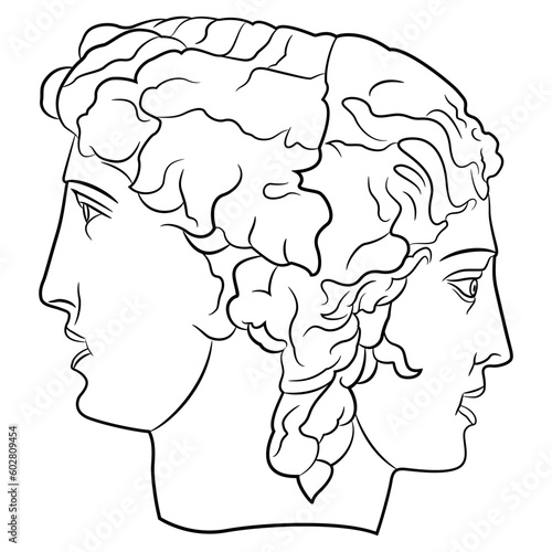 Janiform head with two faces. Janus as man and woman. Ancient Greek or Roman mythology. Union of opposites. Creative concept. Duality and love. Black and white linear silhouette.