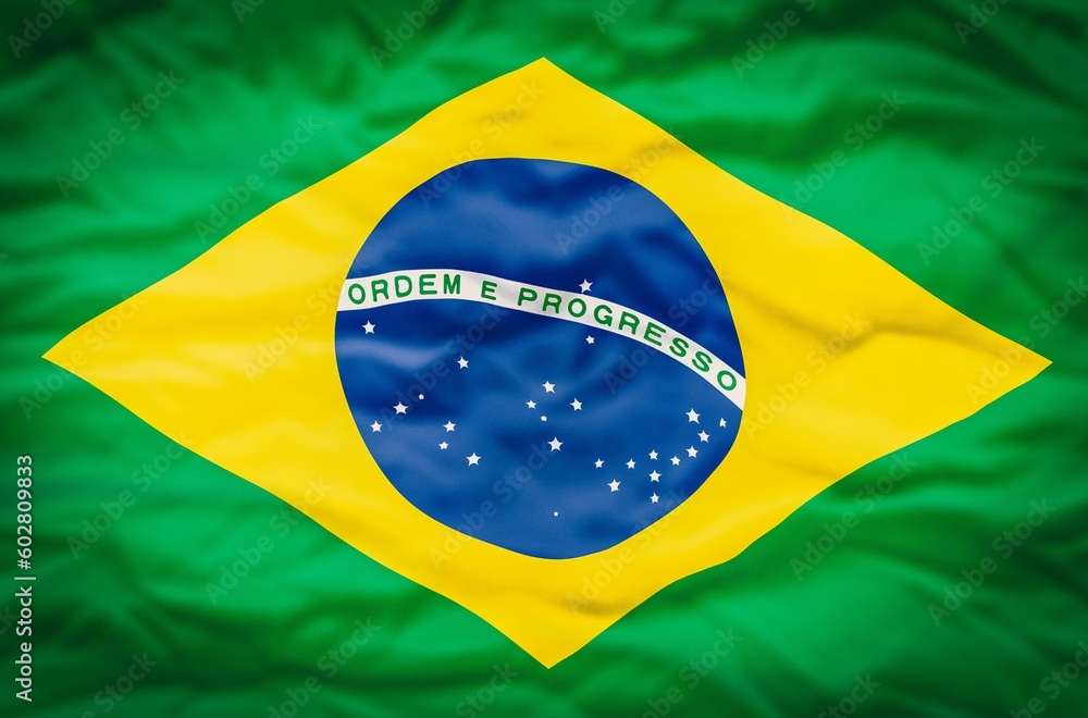 Brazil flag on a wavy fabric background. Wavy flag of Brazil fills the frame.