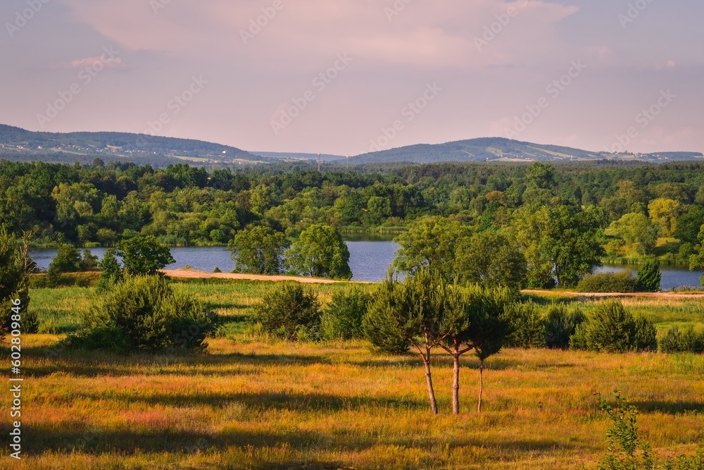 Sunny summer landscape by the lake. Lake Mojcza near Kielce in Poland.
