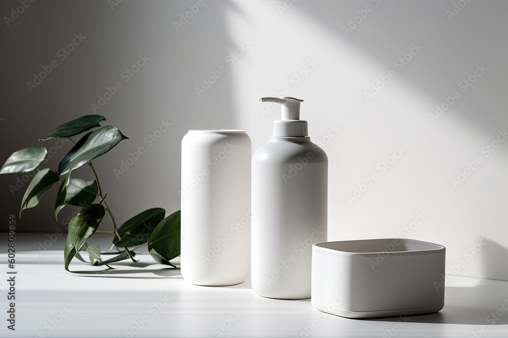 Shadowed set of two white bathroom items with a white background. Shampoo, soap, and deodorant tubes. Generative AI Shadowed set of two white bathroom items with a white background. Shampoo, soap, and deodorant tubes. Generative AI