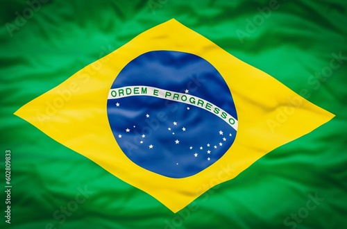 Obraz na płótnie Brazil flag on a wavy fabric background. Wavy flag of Brazil fills the frame. w salonie