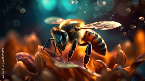 Close up of worker bee collecting and depositing honey and pollen.Made with the highest quality generative AI tools 