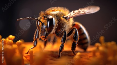 Close up of worker bee collecting and depositing honey and pollen.Made with the highest quality generative AI tools 