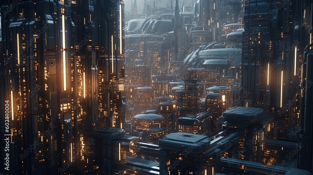 Fototapeta premium Futuristic warm mechanical skyscraper tower cityscape during twilight using generative AI