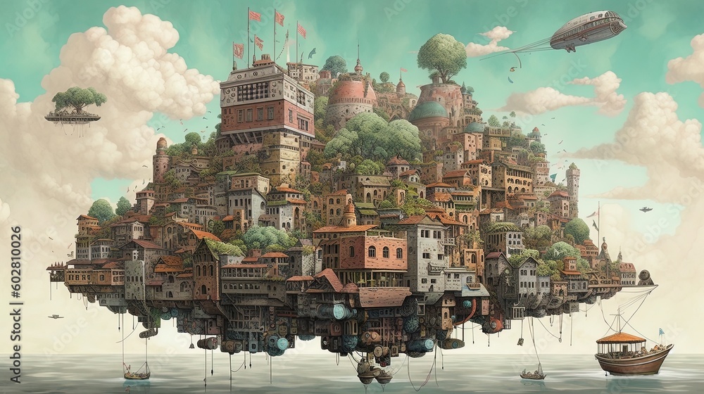Futuristic anime fantasy cityscape utopia illustration using generative AI 