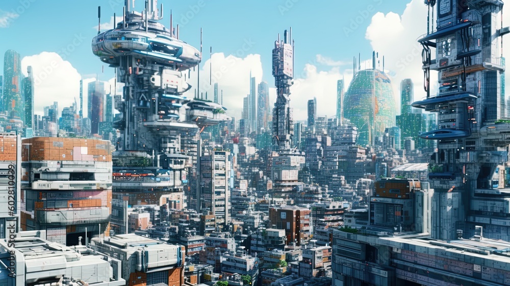 Aerial wide angle of Futuristic and mechanical cityscape utopia illustration using generative AI 