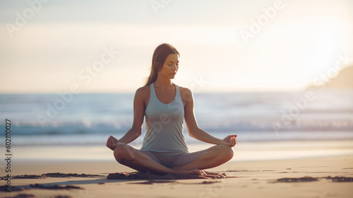 woman doing yoga on beach in the morning. Image Generative AI. 