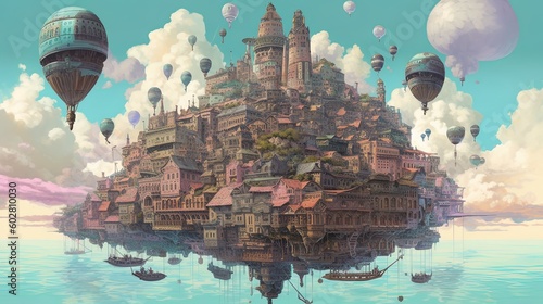 anime fantasy Architectural cityscape with bright pastel colors illustration using generative AI 