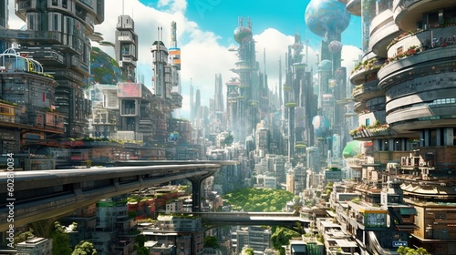 Futuristic vertical city downtown utopia using generative AI 
