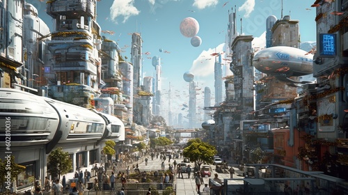 Futuristic and mechanical cityscape utopia illustration using generative AI 