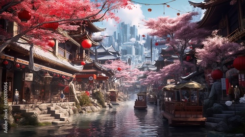 Wide angle establishing shot of ancient futuristic Asian city utopia during day illustration using generative AI photo