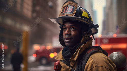 Portrait of a firefighter in the city. Image Generative AI. 