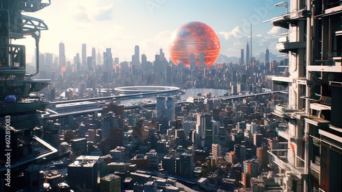 Futuristic cityscape at day, red orb in the middle of the city using generative AI  photo