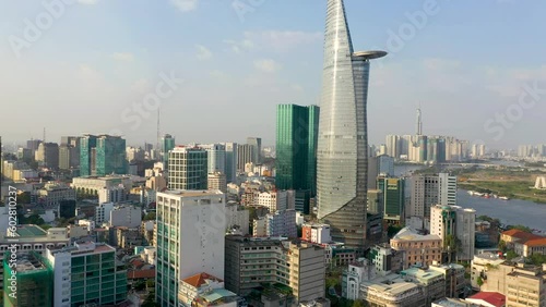 Wallpaper Mural Ho Chi Minh City, Vietnam - May, 2023: Aerial view of center of Saigon riverside at Ho Chi Minh City, Vientam in sunrise or sunset Torontodigital.ca