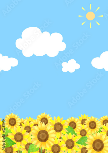 たくさんのひまわりと青い空と太陽と白い雲の夏っぽいイラスト
