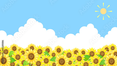たくさんのひまわりと青い空と太陽と白い雲の夏っぽいイラスト
