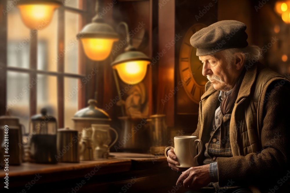An elderly gentleman relishes his morning coffee at an outdoor cafe. Generative AI An elderly gentleman relishes his morning coffee at an outdoor cafe. Generative AI