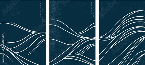 Hand drawn wave element with Japanese pattern vector. Oriental white line decoration with blue banner design, flyer or presentation in vintage style. Ocean sea elements.