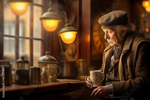 An elderly gentleman relishes his morning coffee at an outdoor cafe. Generative AI