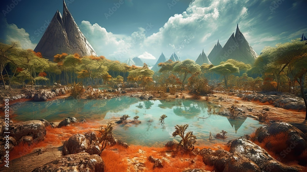 10,000 BC desertic and tropical landscape with arid conditions, sparse vegetation, and vast stretches of sand. Climate was hot and dry, limited rainfall and intense heat. Game Generative AI