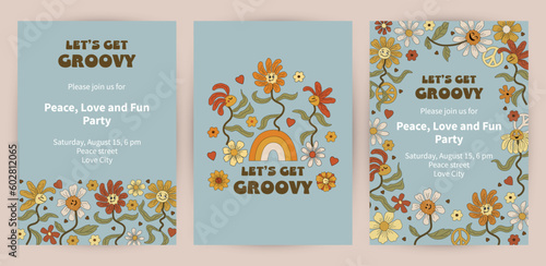 Templates with funny dancing daisy flowers for groovy party, birthday invitation, flyer, retro poster. Space for text. Vector illustration.