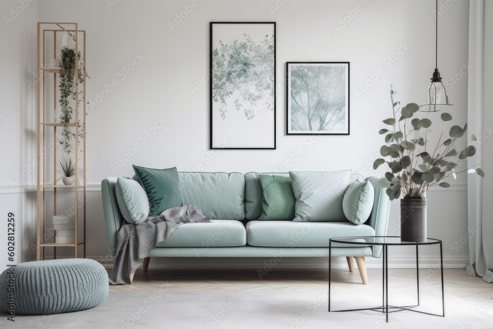 Stylish mint sofa, furnishings, mock up poster map, plants, and attractive  personal accessories decorate this contemporary Scandinavian living room.  interior design. interior decoration Generative AI ilustración de Stock |  Adobe Stock
