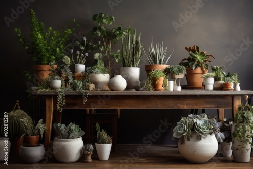 Wallpaper Mural Stylish and contemporary arrangement of plants in various pots on a hardwood table with chic accents. Template. Modern living room furnishings. The color scheme of eucalyptus. domestic Generative AI Torontodigital.ca