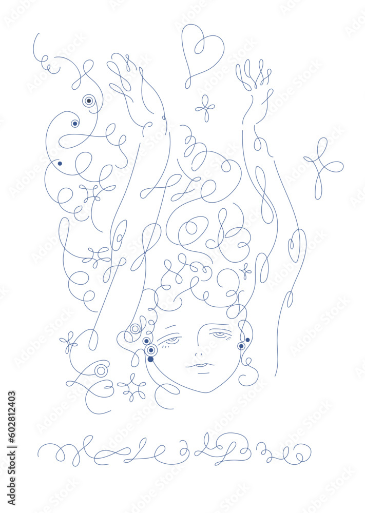 Obraz premium 美女の上半身_line art_calligraphy face_line art vector illustration, background