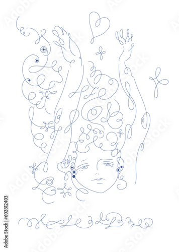 美女の上半身_line art_calligraphy face_line art vector illustration, background